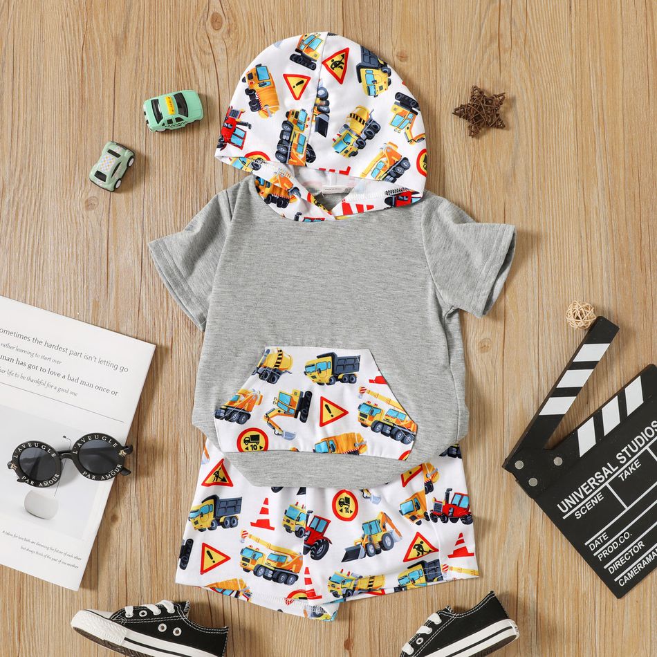 2-piece Toddler Boy Vehicle Print Short-sleeve Hooded Tee and Elasticized Shorts Set flowergrey