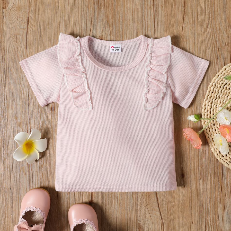 Toddler Girl Ruffled Solid Color Short-sleeve Waffle Tee Light Pink