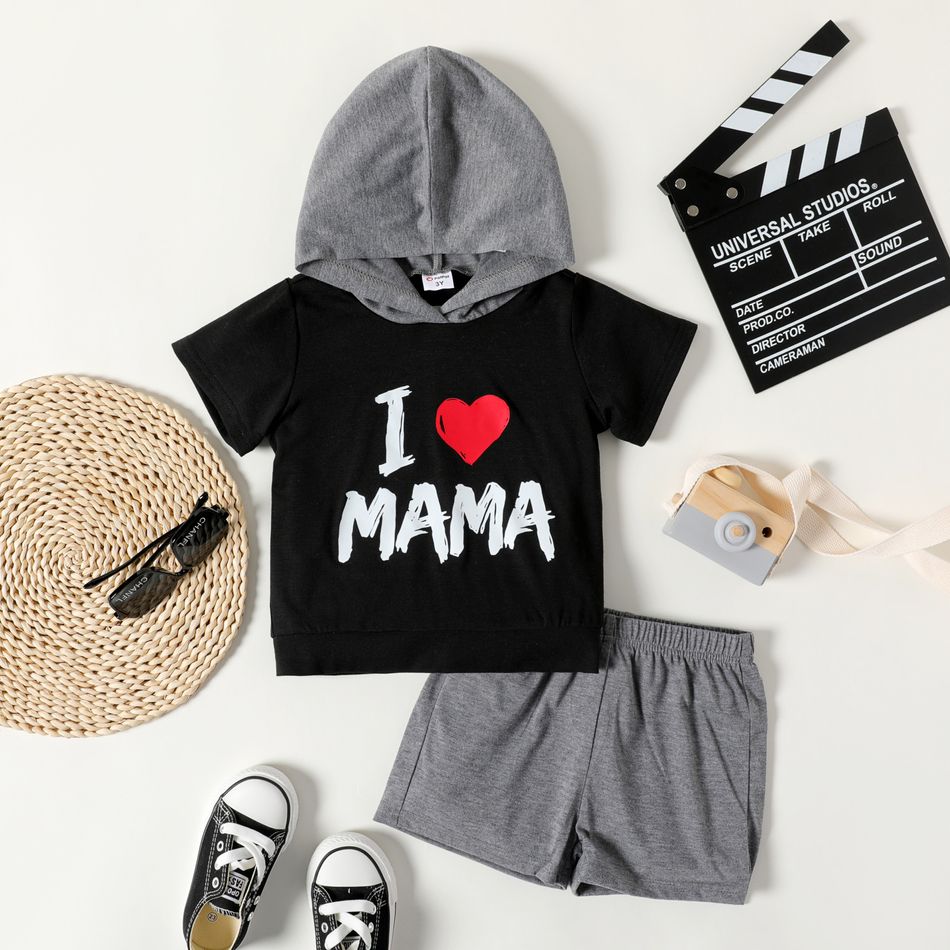 Mother's Day 2-piece Toddler Boy Letter Heart Print Hooded Tee and Grey Shorts Set Black