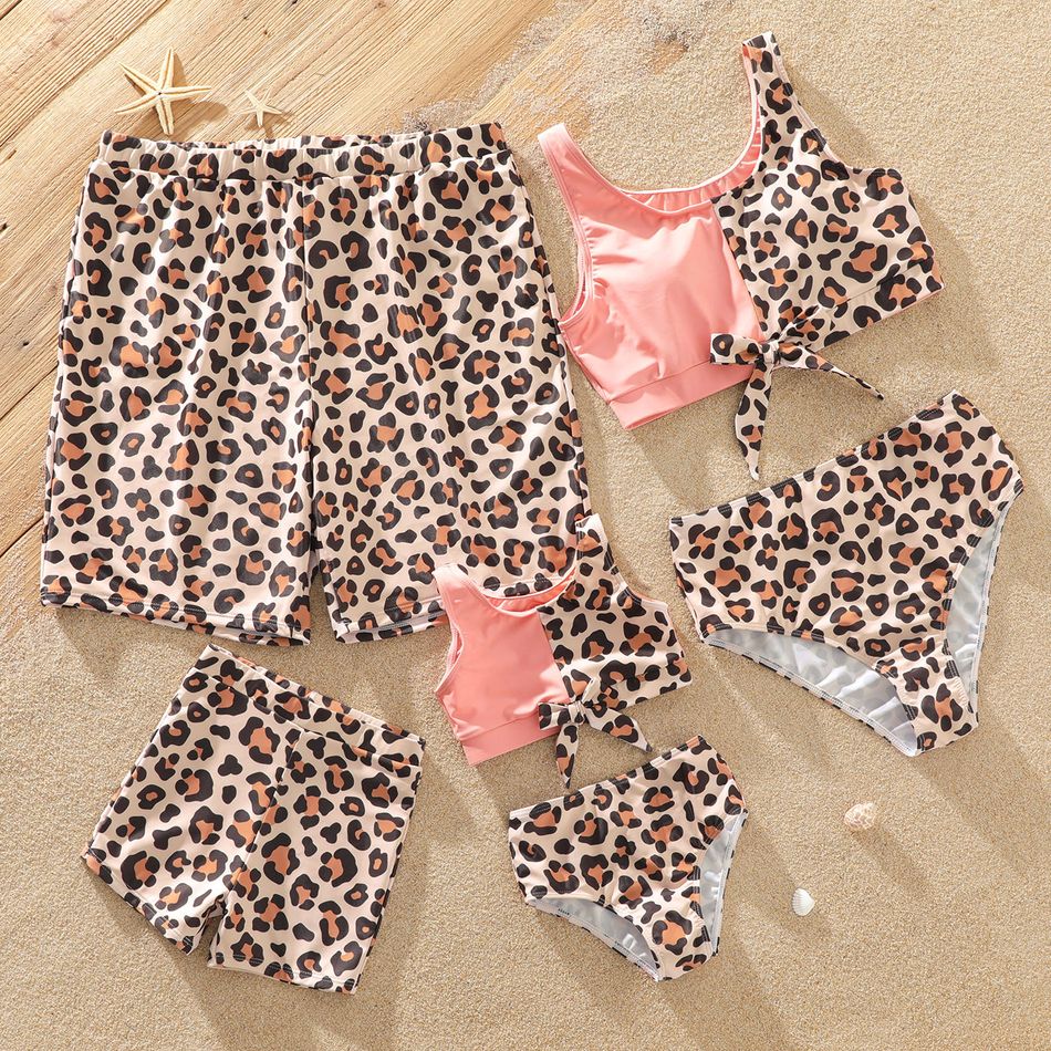 Family Matching Leopard Swim Trunks Shorts and Splicing Two-Piece Swimsuit Color block