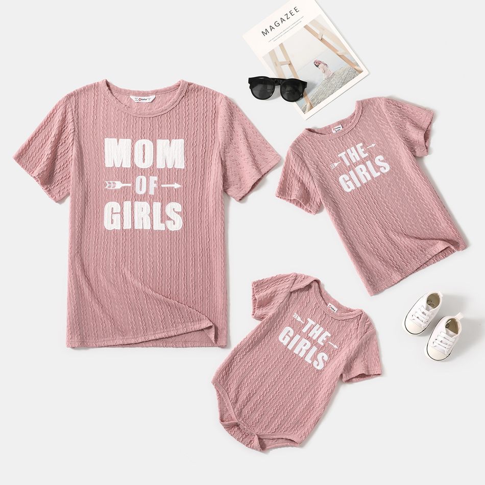 Letter Print Pink Textured Short-sleeve T-shirts for Mom and Me Pink