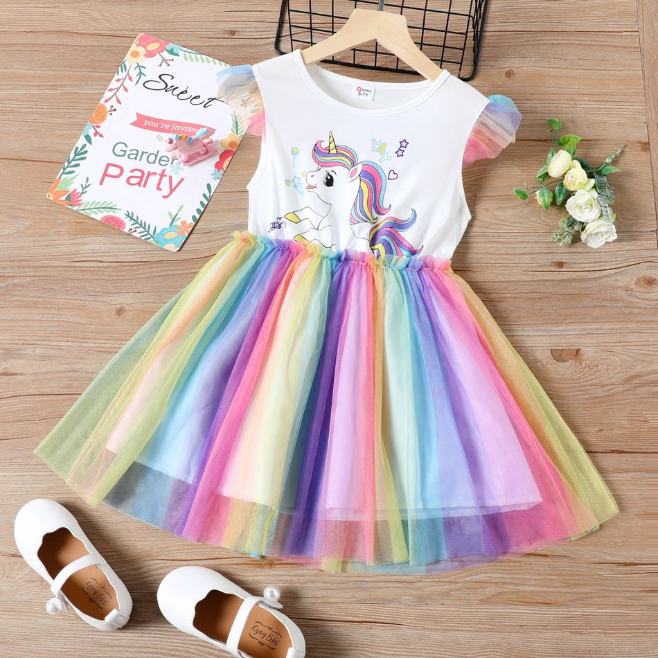 Kid Girl Unicorn Print Sleeveless Colorful Mesh Splice Dress White