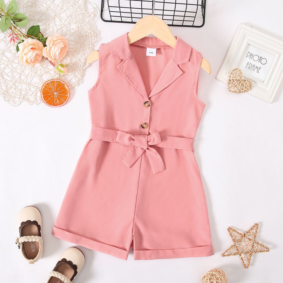 Kid Girl Solid Color Button Design Notched Collar Sleeveless Belted Rompers Jumpsuits Shorts Pink big image 1
