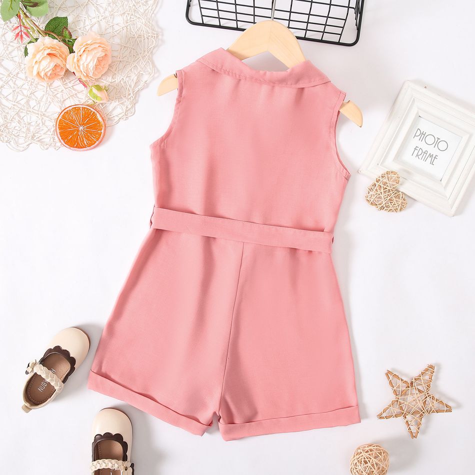 Kid Girl Solid Color Button Design Notched Collar Sleeveless Belted Rompers Jumpsuits Shorts Pink big image 3