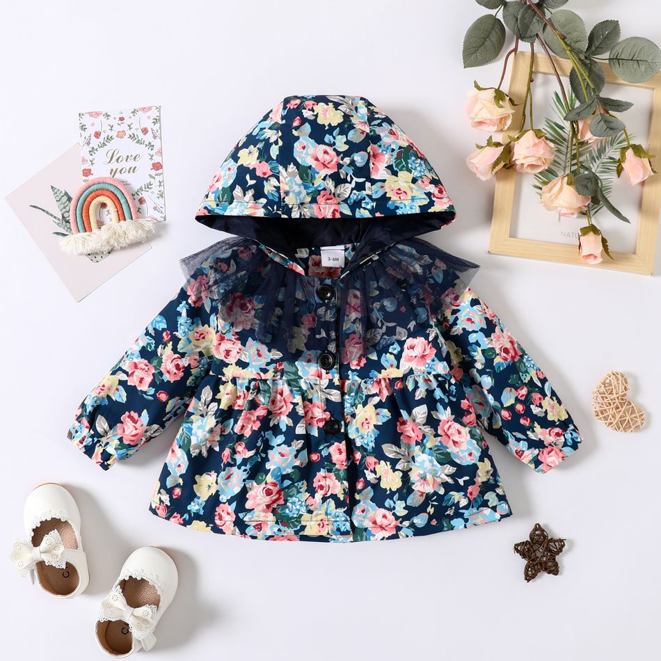 Baby Girl Mesh Splicing All Over Floral Print Button Up Long-sleeve Hooded Jacket Dark Blue