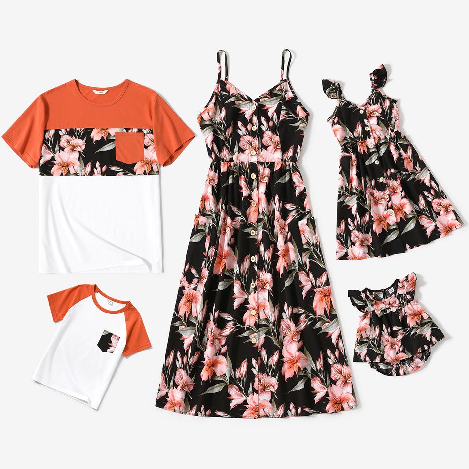 Family Matching Allover Floral Print V Neck Spaghetti Strap Button Dresses and Colorblock Short-sleeve T-shirts Sets ColorBlock