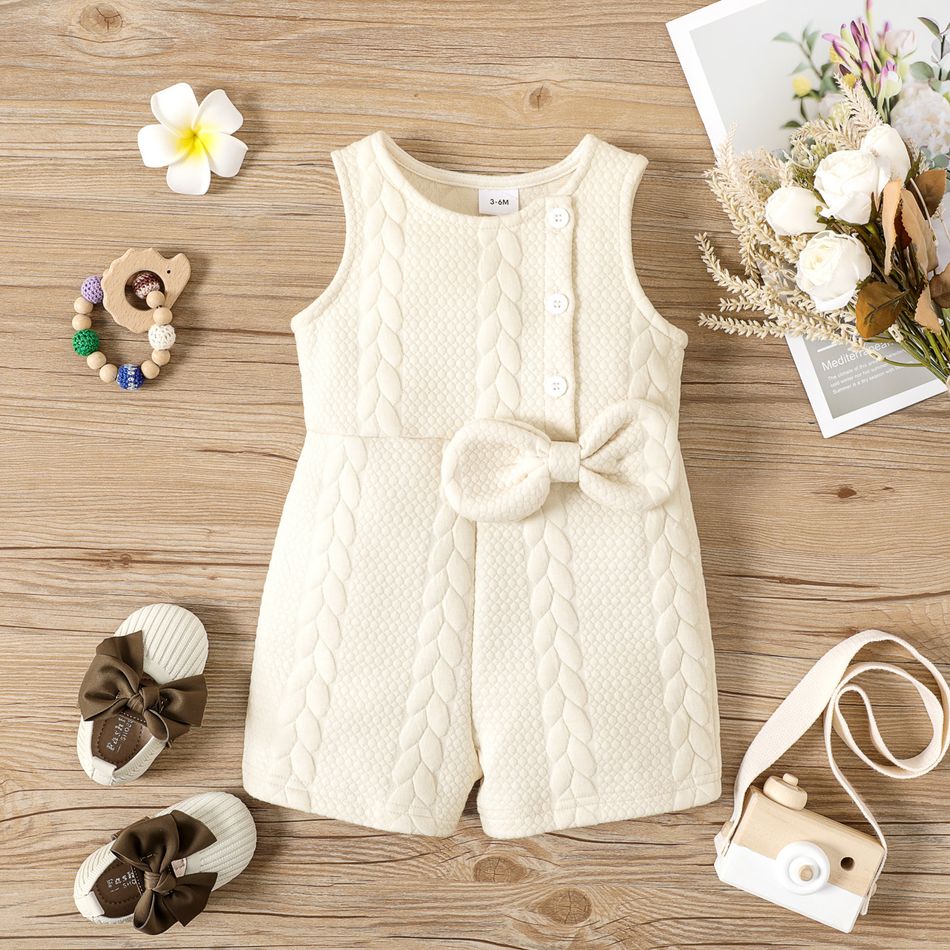 Baby Boy/Girl Thickened Beige Cable Knit Textured Button Bowknot Sleeveless Romper Beige