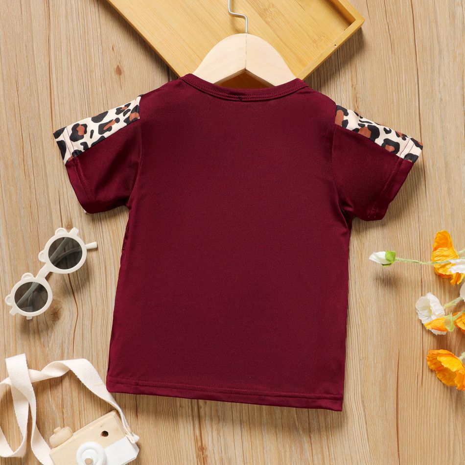 Toddler Girl Letter Leopard Print Casual Short-sleeve Tee Red big image 2