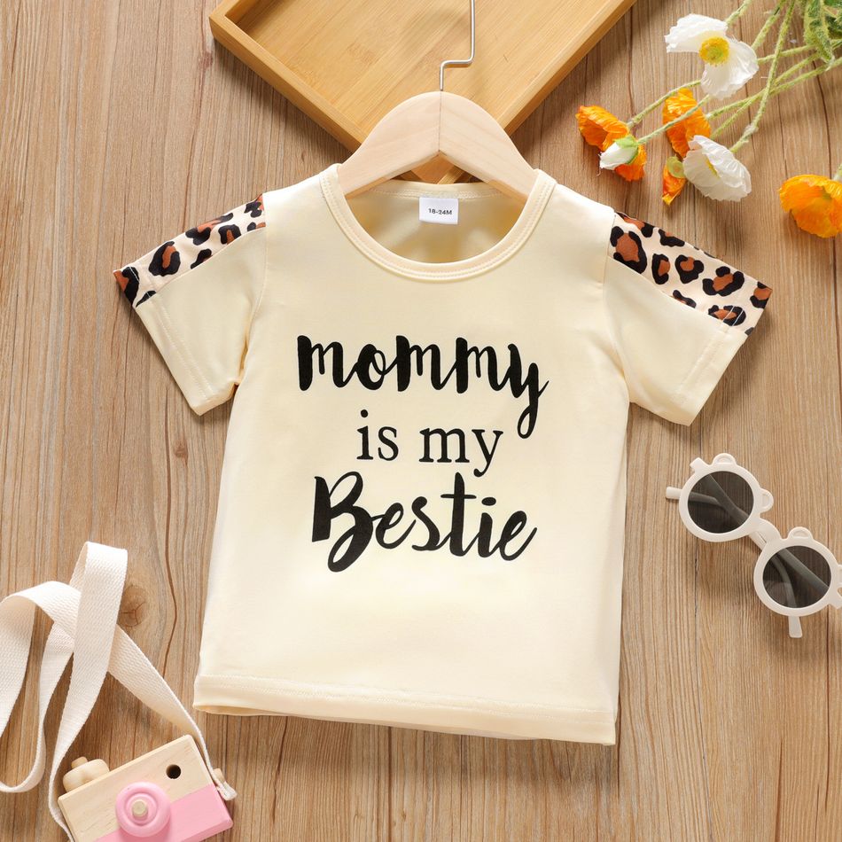 Toddler Girl Letter Leopard Print Casual Short-sleeve Tee Beige