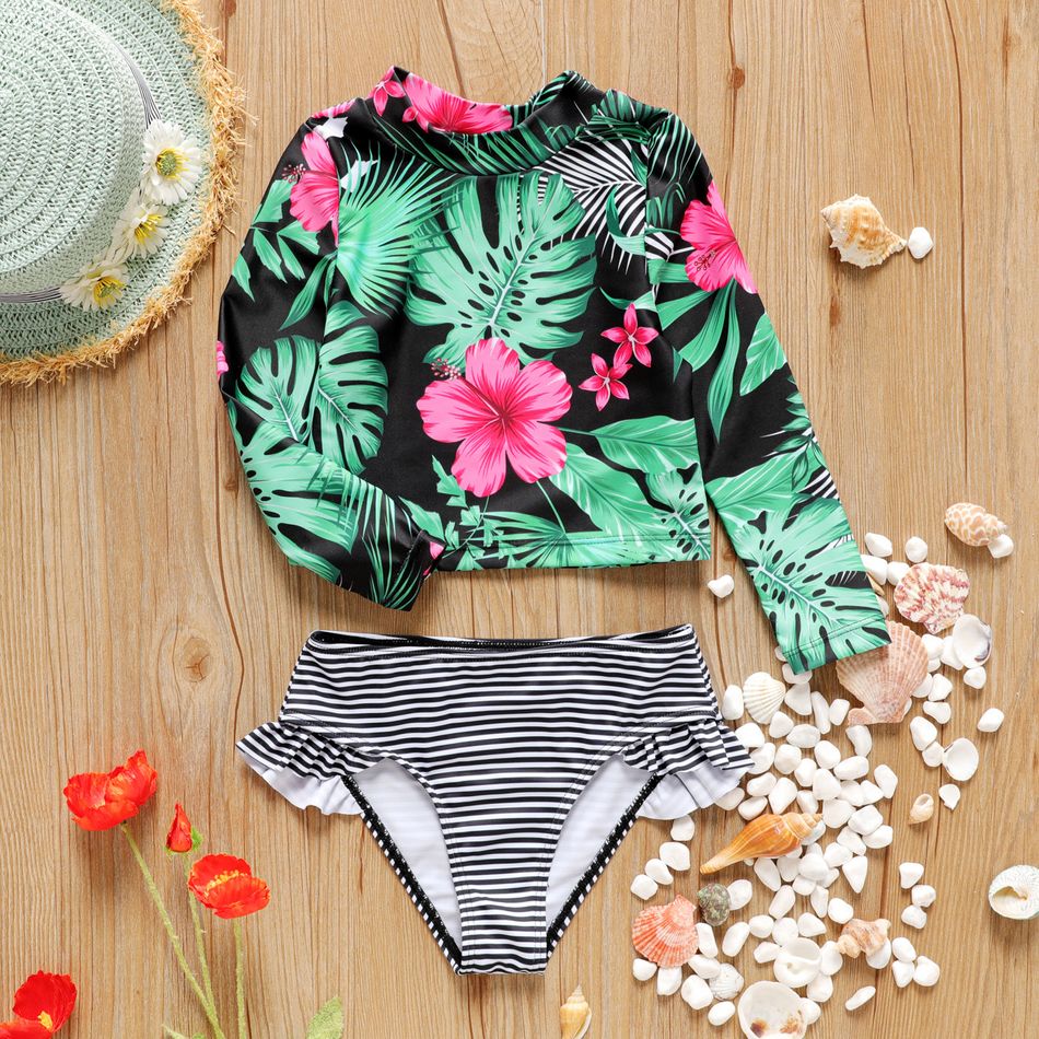 2-piece Toddler Girl Floral Print Long-sleeve Tee and Stripe Briefs Swimsuit Set Black