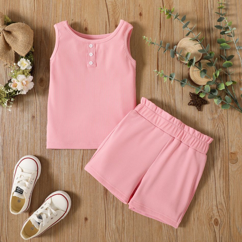2-piece Toddler Girl Solid Color Button Design Tank Top and Elasticized Paperbag Shorts Set Pink