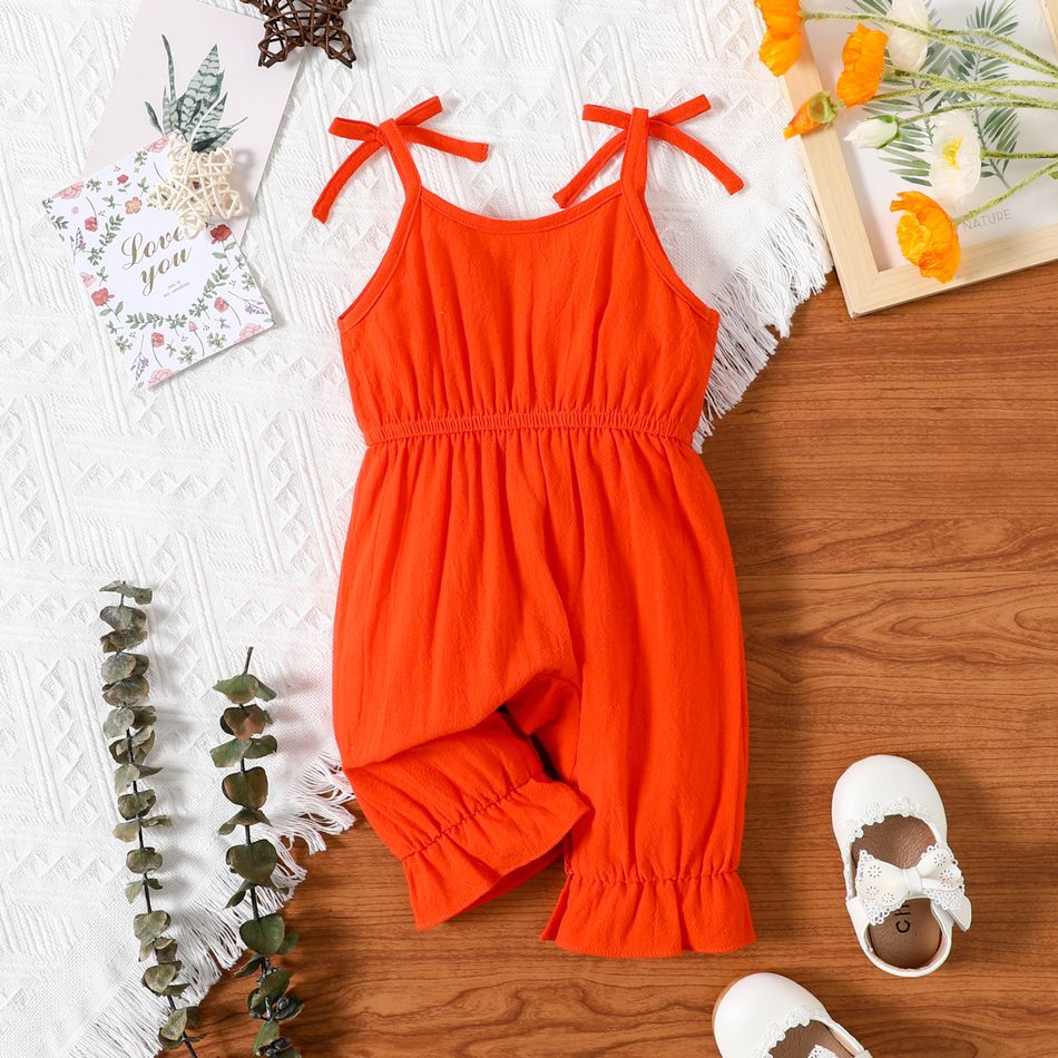 Baby Girl 100% Cotton Solid/Floral Print Sleeveless Spaghetti Strap Jumpsuit Orange big image 2