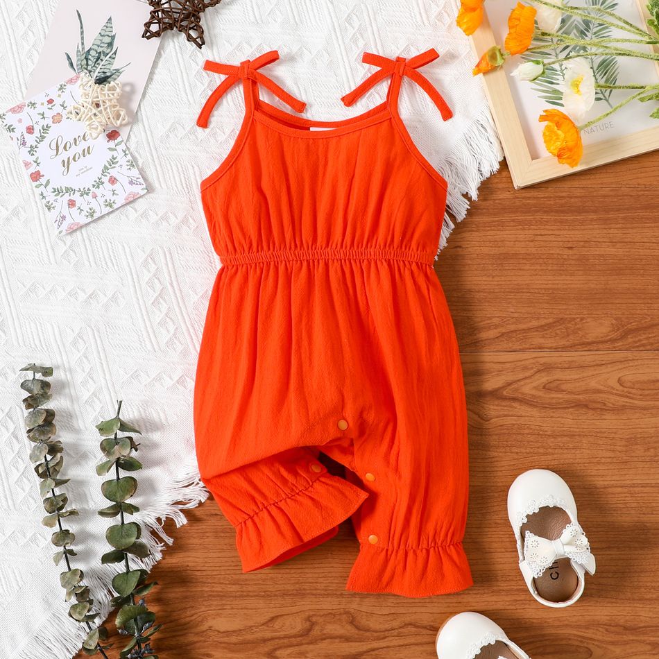 Baby Girl 100% Cotton Solid/Floral Print Sleeveless Spaghetti Strap Jumpsuit Orange