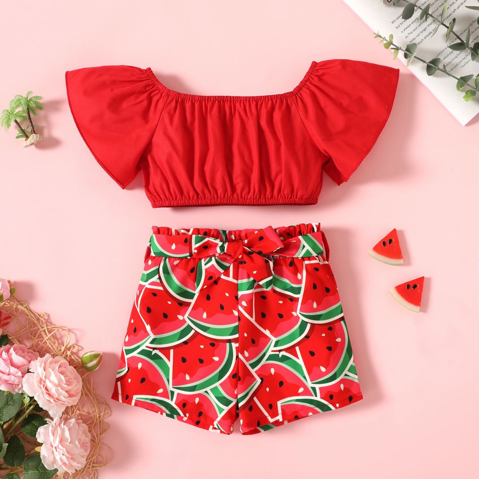 2-piece Toddler Girl Bell sleeves Red Top and Belted Watermelon Print Shorts Set Red