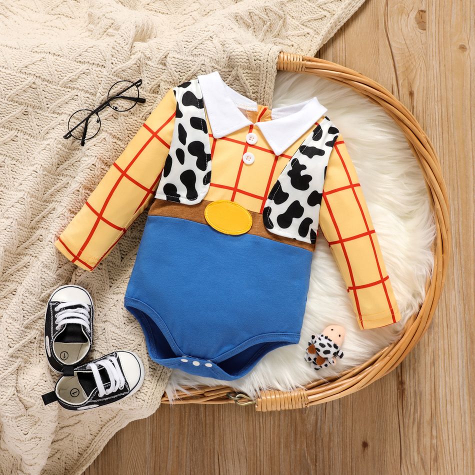 Baby Boy Contrast Collar Colorblock Cow Print Faux-two Long-sleeve Romper Yellow