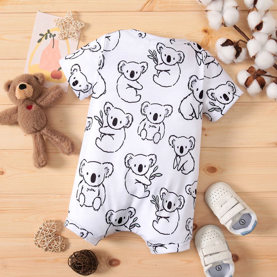 Baby Boy Koala Print White/Grey Striped Short-sleeve Snap Romper BlackandWhite big image 1