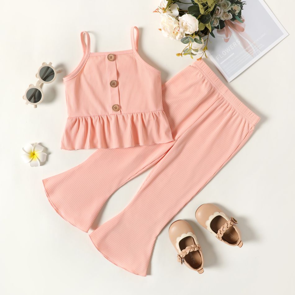2-piece Toddler Girl Button Design Ruffle Camisole and Elasticized Ribbed Flared Pants Set Pink