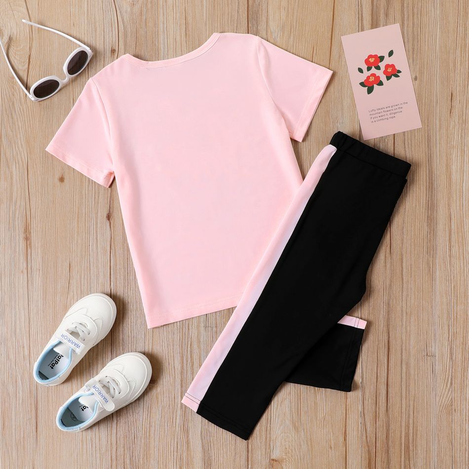 2-piece Kid Girl Letter Heart Print Pink Tee and Colorblock Capri Pants Set Pink big image 5