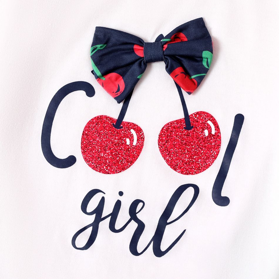 2-piece Kid Girl Letter Cherry Print Bowknot Design White Tee and Elasticized Pants Set White big image 2