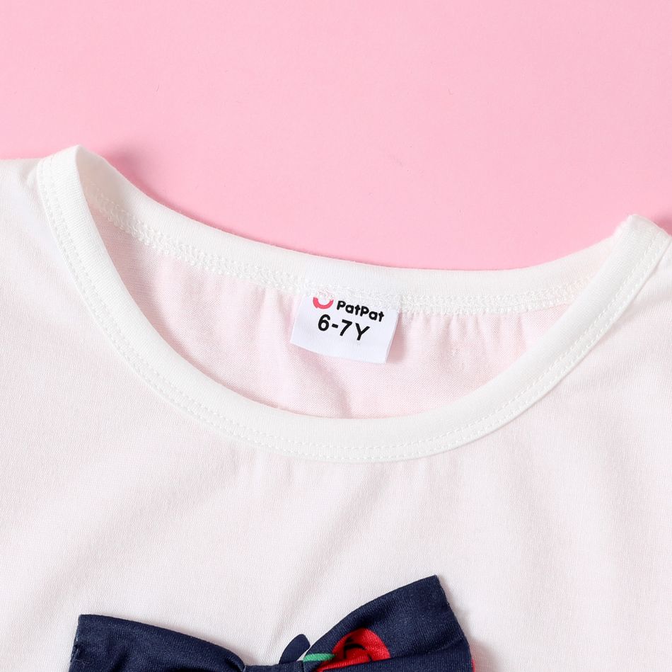 2-piece Kid Girl Letter Cherry Print Bowknot Design White Tee and Elasticized Pants Set White big image 3