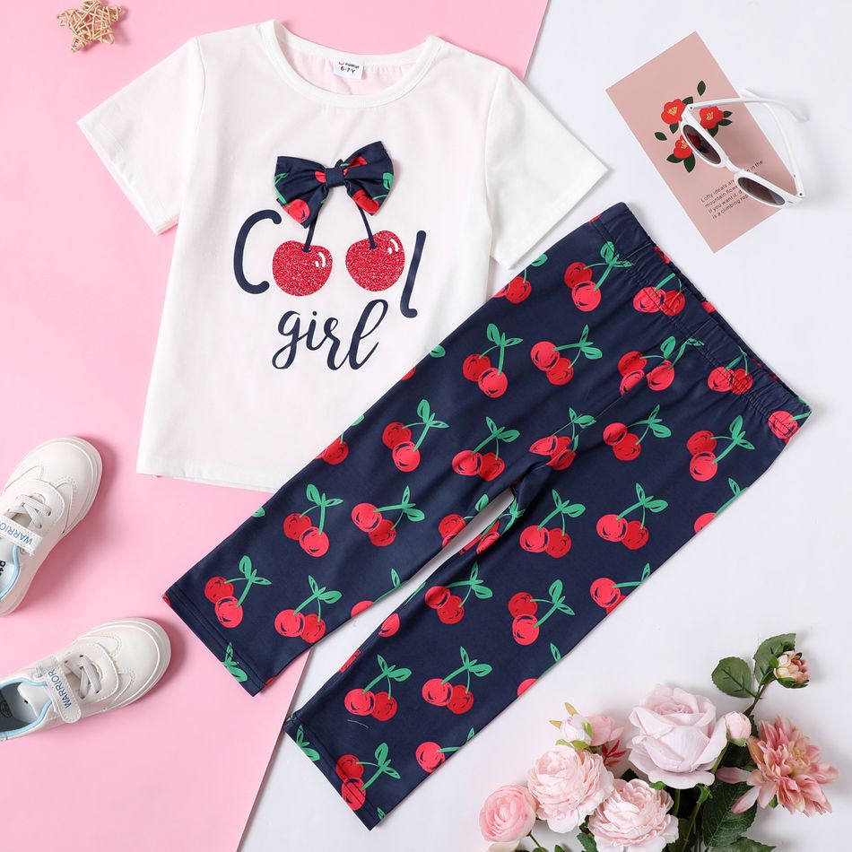 2-piece Kid Girl Letter Cherry Print Bowknot Design White Tee and Elasticized Pants Set White big image 1