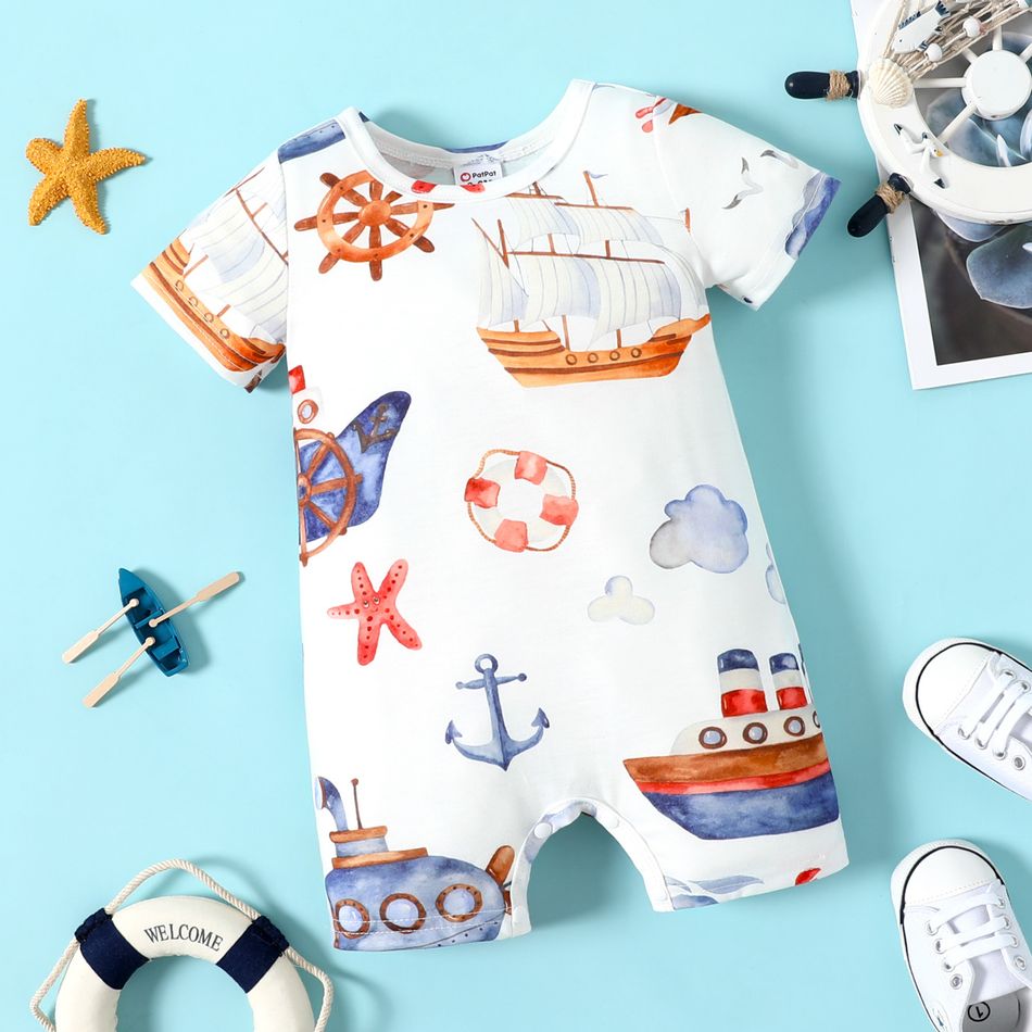 Baby Girl All Over Ship Print Short-sleeve Romper Colorful big image 1