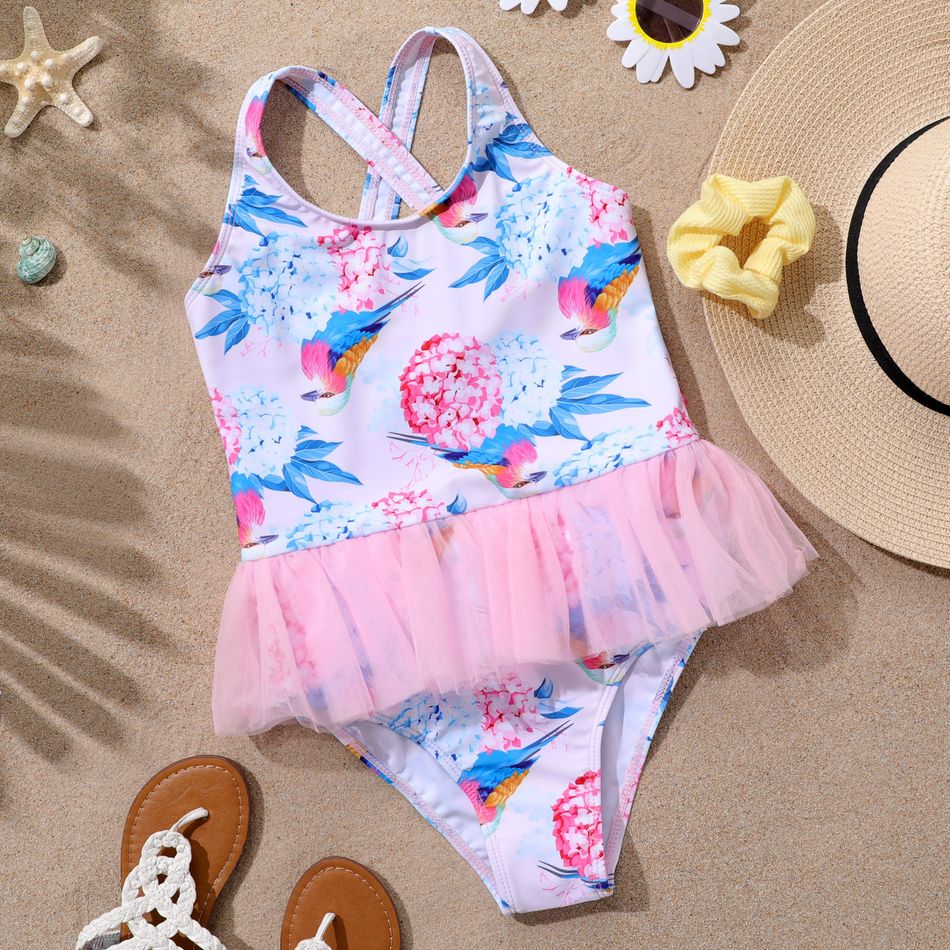 Kid Girl Mesh Design Floral/Unicorn Print Onepiece Swimsuit Light Pink