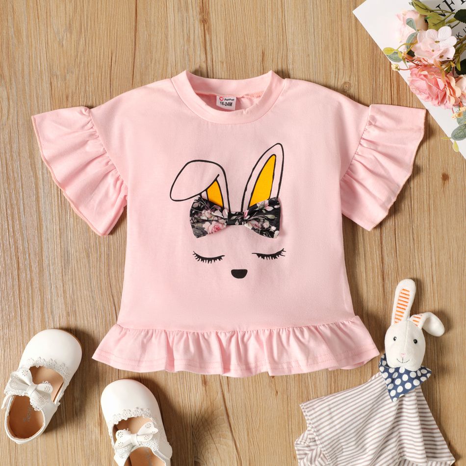 Toddler Girl Ruffled Rabbit Print Bowknot Design/Polka dots Short-sleeve Tee Pink