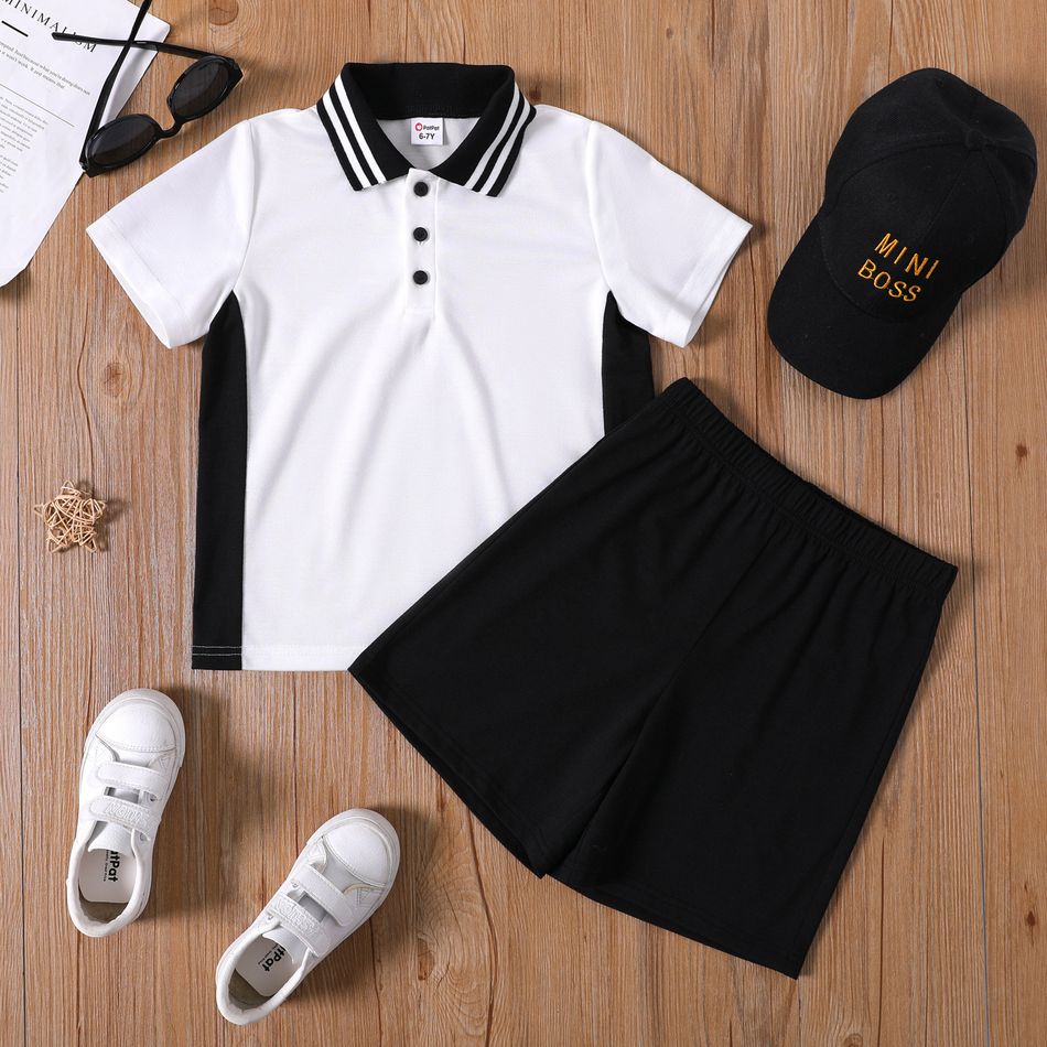 2-piece Kid Girl Colorblock Short-sleeve Polo Shirt and Elasticized Black Shorts Set BlackandWhite