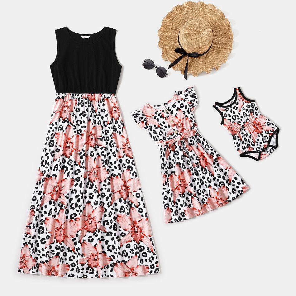 Black Sleeveless Splicing Floral Print Leopard Dress for Mom and Me BlackandWhite big image 1