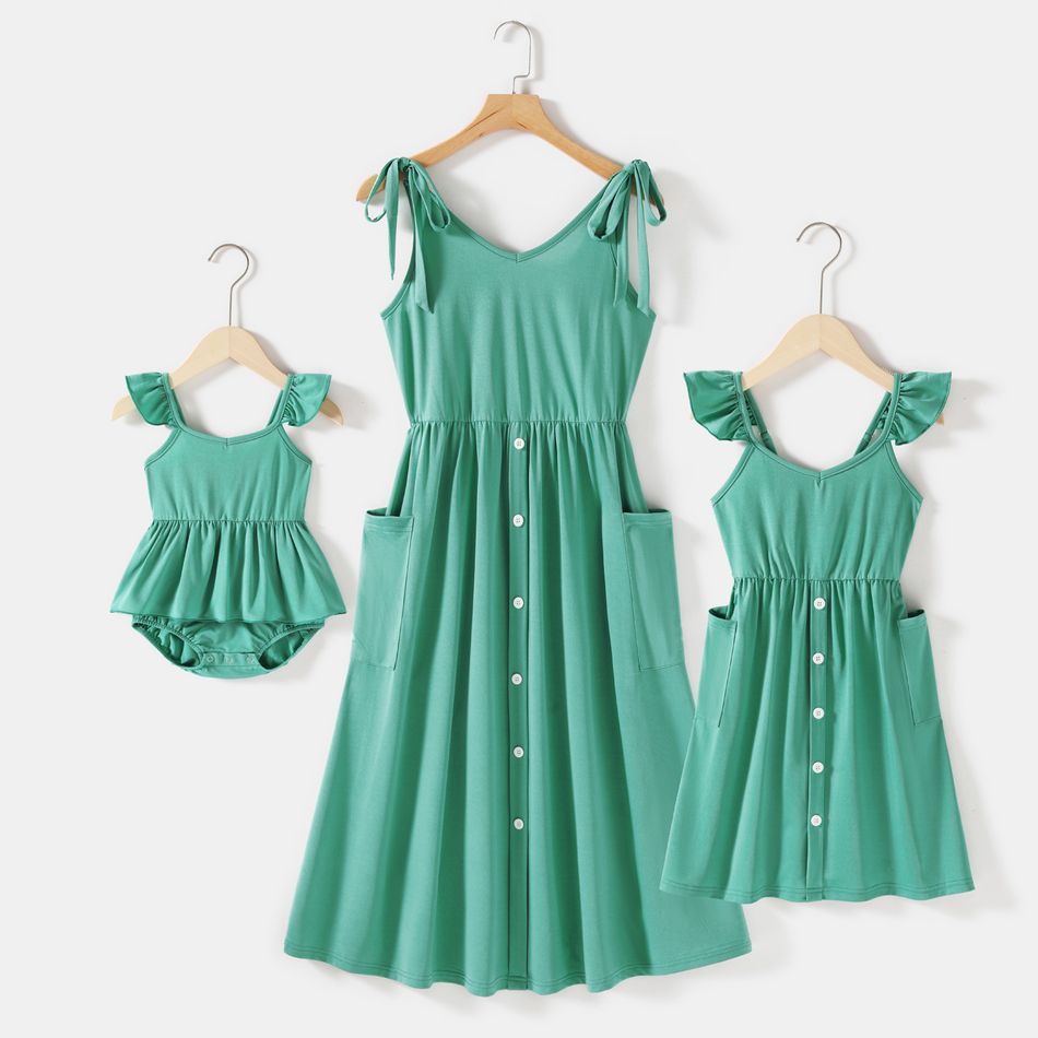 Green V Neck Sleeveless Spaghetti Strap Button Dress for Mom and Me DeepTurquoise