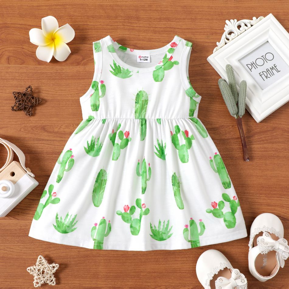 Baby Girl All Over Cactus Print Sleeveless Tank Dress greenwhite