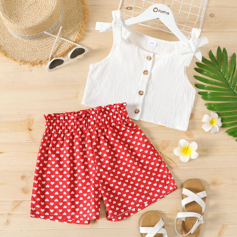 2-piece Kid Girl Bowknot Button Design Sleeveless Top and Heart Print Paperbag Shorts Set Red