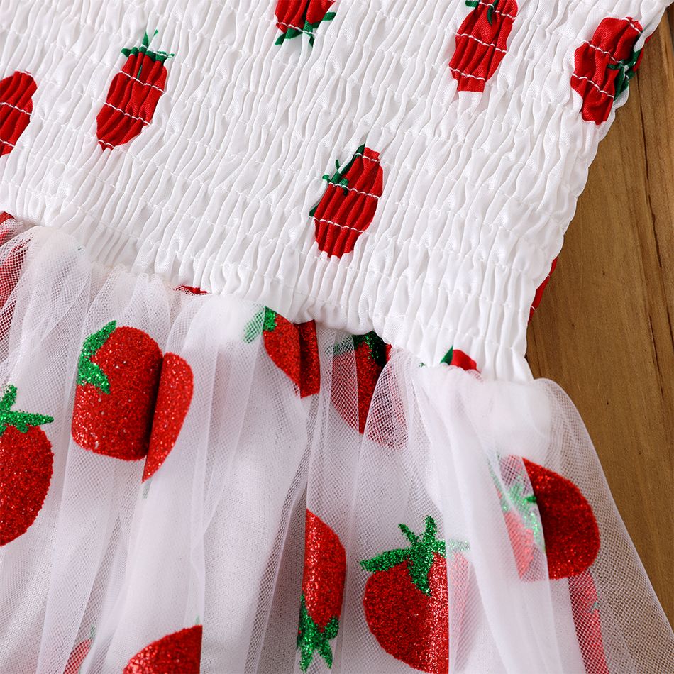 Kid Girl Strawberry Print Smocked Mesh Design Cami Dress White big image 3