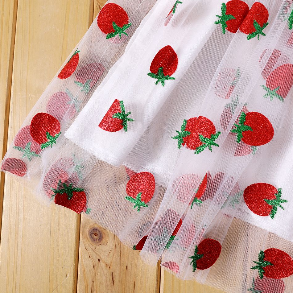 Kid Girl Strawberry Print Smocked Mesh Design Cami Dress White big image 4