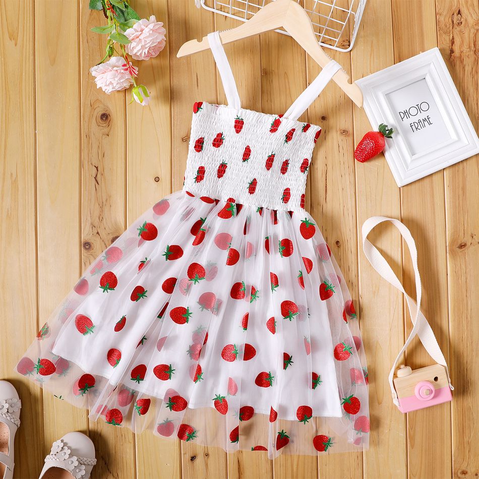 Kid Girl Strawberry Print Smocked Mesh Design Cami Dress White