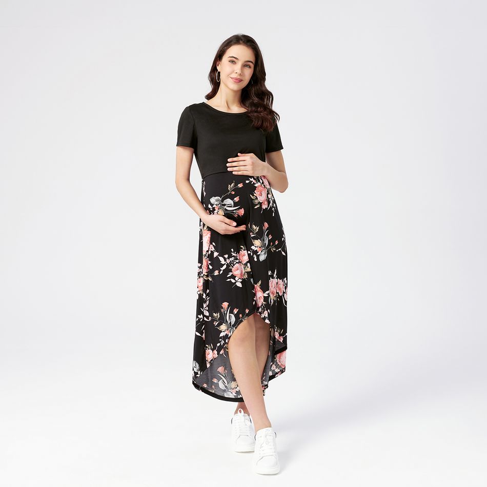 Nursing Floral Panel High Low Hem Short-sleeve Dress Black