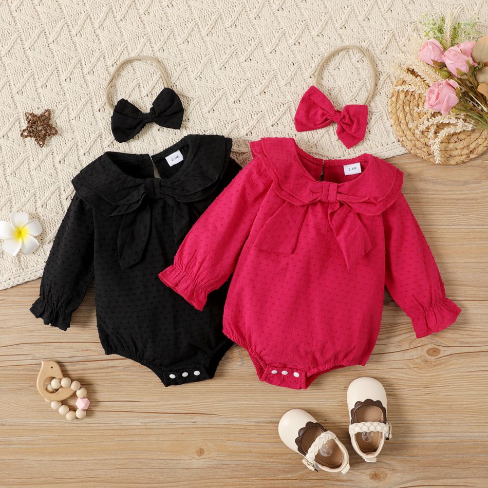 2pcs Baby Girl Swiss Dot Layered Collar Bowknot Long-sleeve Romper with Headband Set Red big image 5