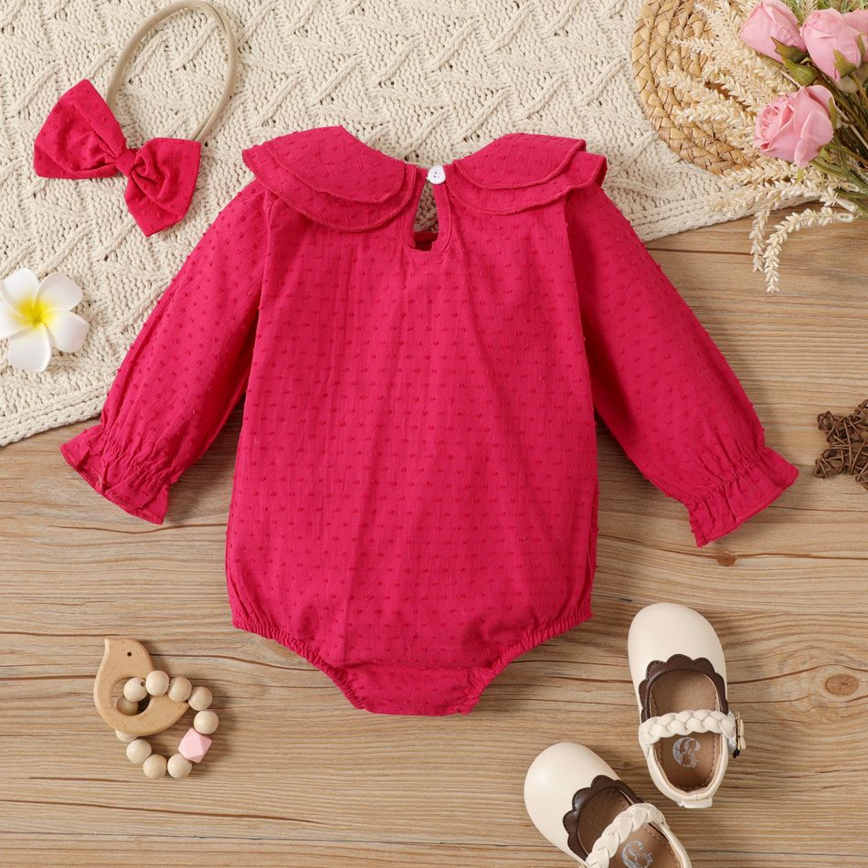2pcs Baby Girl Swiss Dot Layered Collar Bowknot Long-sleeve Romper with Headband Set Red big image 4