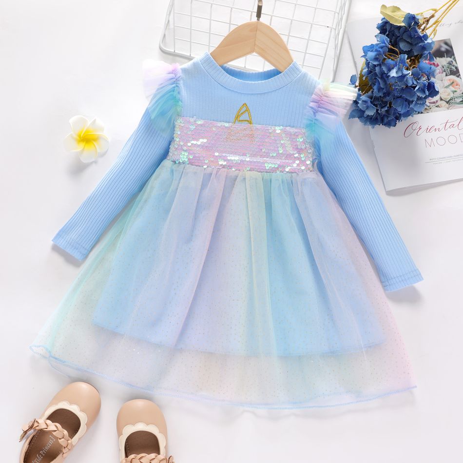 Ribbed Sequined Colorful Mesh Layered Long-sleeve Blue or Pink Toddler Dress Light Blue