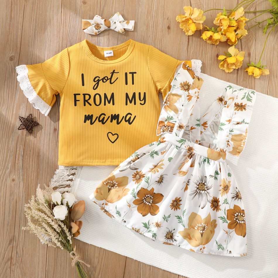 2-piece Toddler Girl Letter Embroidered Schiffy Design Short Bell sleeves Tee and Ruffled Floral Print Suspender Skirt Set Yellow