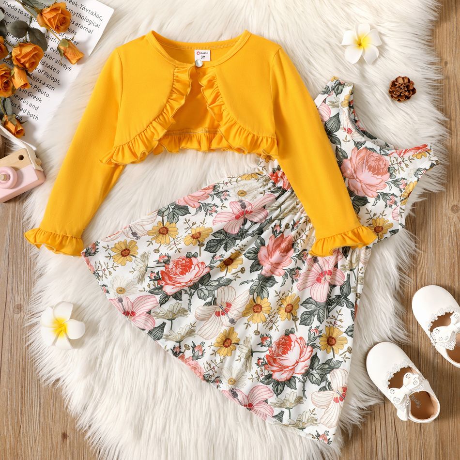 2-piece Toddler Girl Floral Print Sleeveless Dress and Ruffled Cardigan Set Yellow big image 1