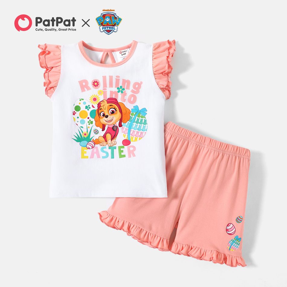 PAW Patrol Easter 2-piece Toddler Girl Letter Print Flutter-sleeve Cotton Tee and Egg Print Ruffled Shorts Set White