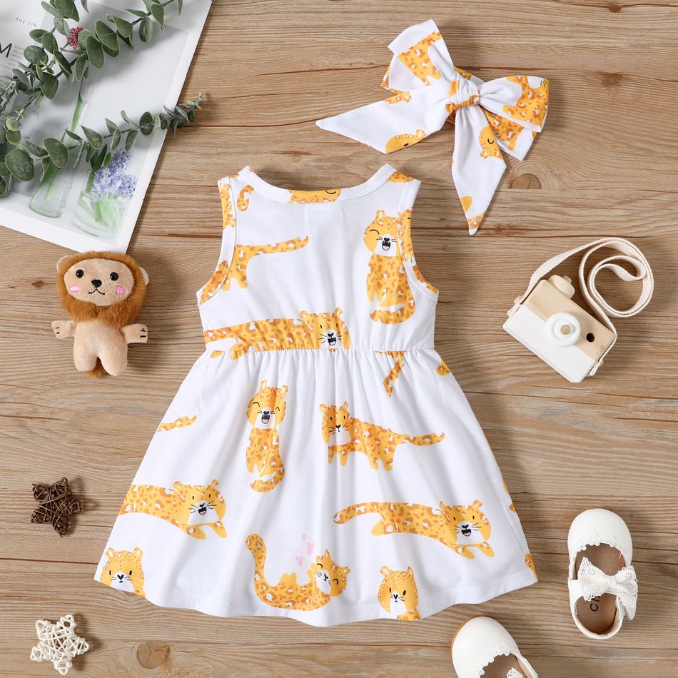 2pcs Baby Girl All Over Cartoon Tiger Print Sleeveless Dress with Headband Set Color block big image 5