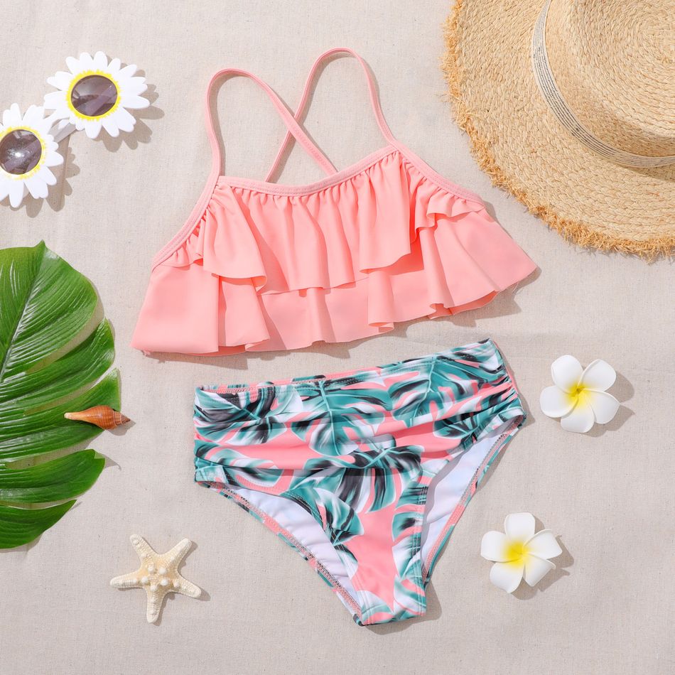 2-piece Kid Girl Ruffled Camisole Top and Floral/Leaf Print Briefs Bikini Swimsuit Set Light Pink