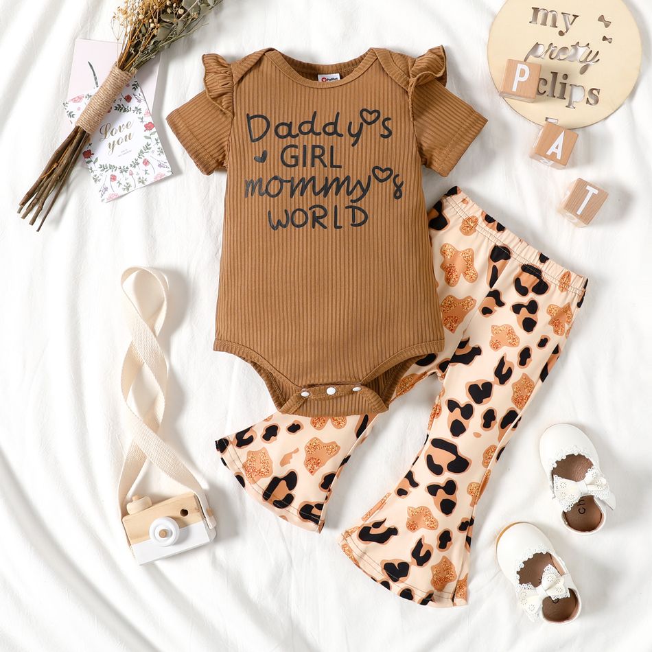 2pcs Baby Girl Letter Print Ribbed Short-sleeve Romper and Leopard Bell Bottom Pants Set Khaki