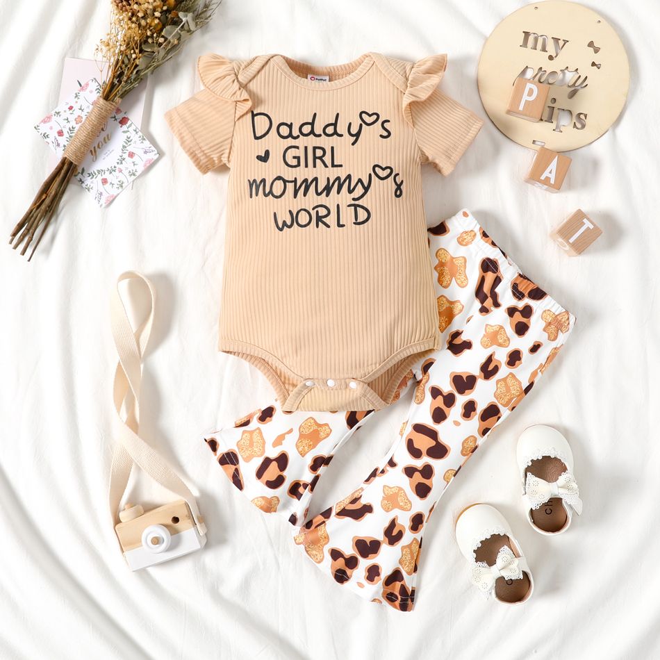 2pcs Baby Girl Letter Print Ribbed Short-sleeve Romper and Leopard Bell Bottom Pants Set Apricot
