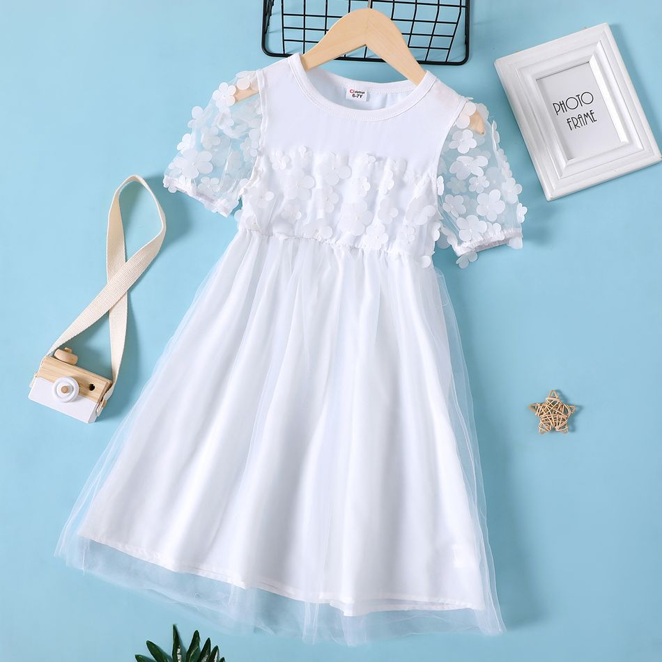 Kid Girl 3D Floral Decor Solid Color Mesh Design Short-sleeve Dress White