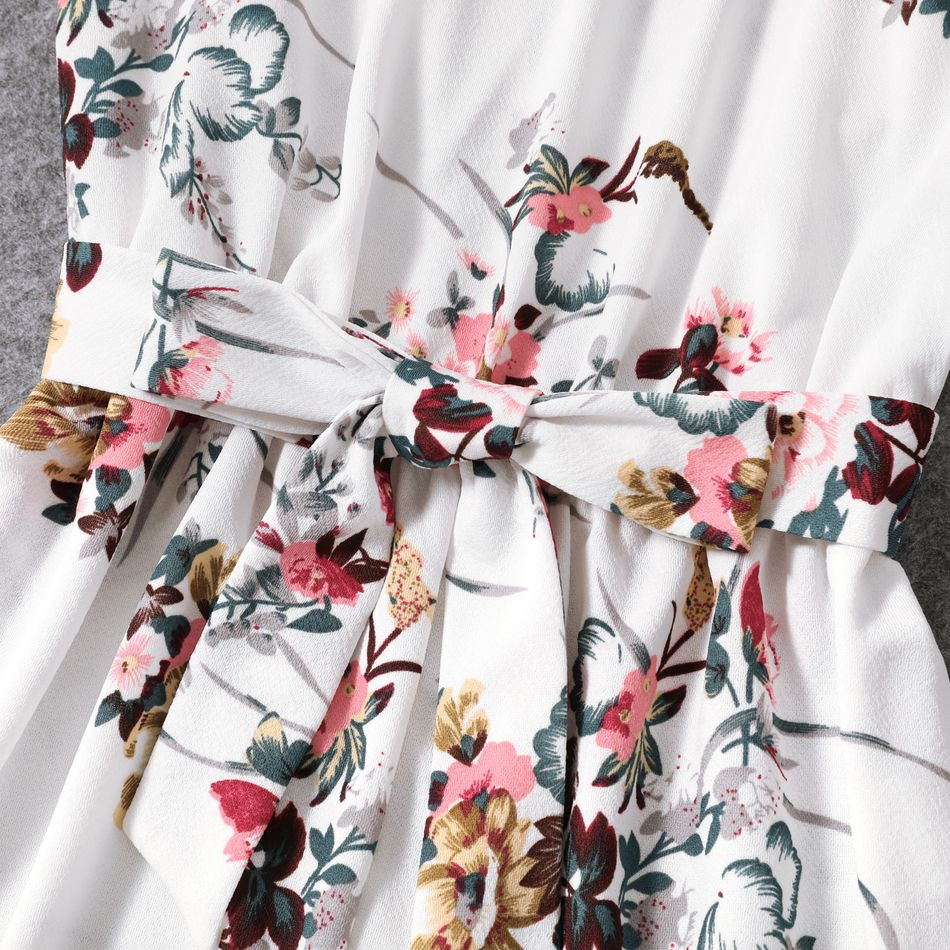 All Over Floral Print White Halter Neck Off Shoulder Belted Romper Shorts for Mom and Me White big image 4