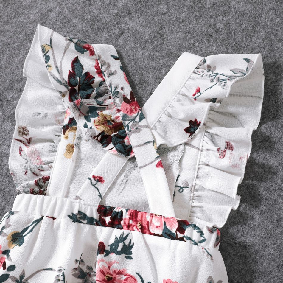 All Over Floral Print White Halter Neck Off Shoulder Belted Romper Shorts for Mom and Me White big image 9